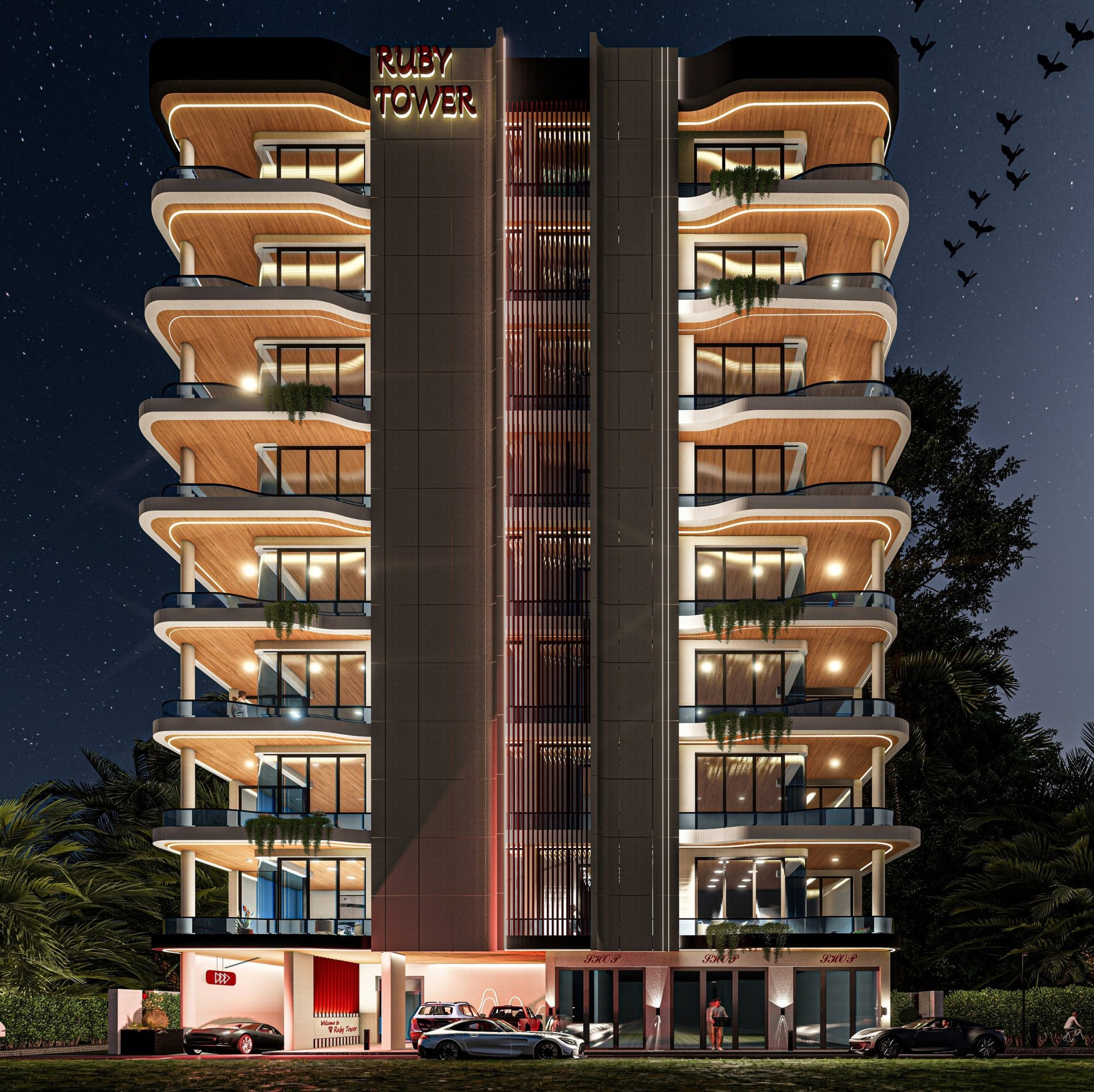 Ruby Tower, Day and night